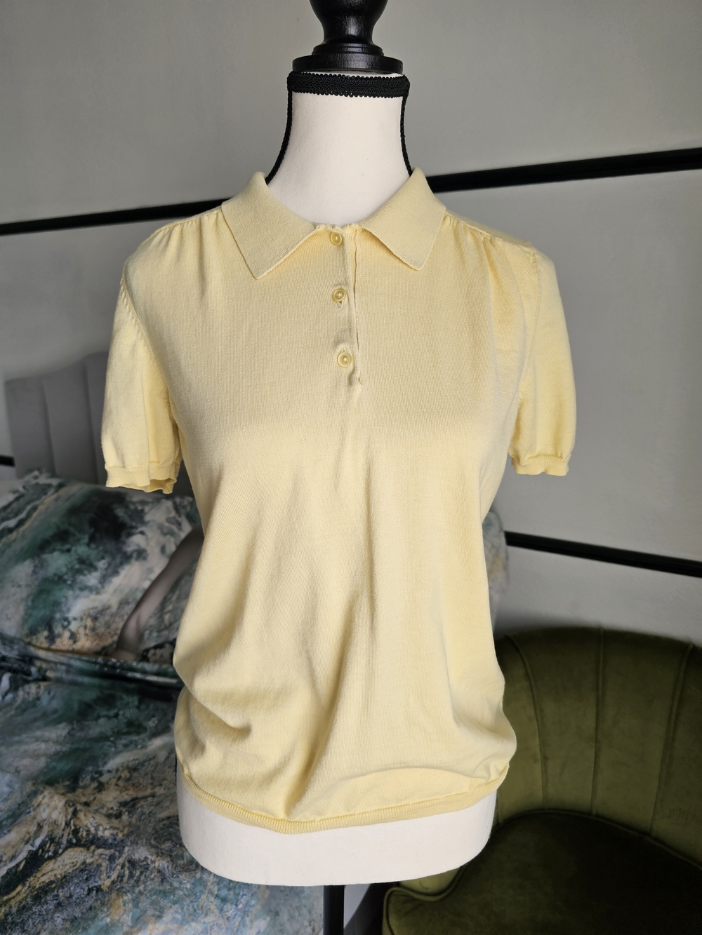 Talbots Pale Yellow Polo Knit Top Cotton-Silk Blends(M)